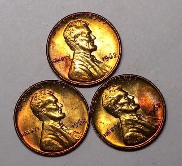 1962-P (1-coin) LINCOLN MEMORIAL CENT PENNY BU TONED UNC COIN Lot # 1962-P TD(3)