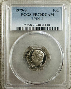 WOW! Lot Of 2 PCGS PERFECT PR70DCAM 1979-S Type 1 & Type 2 Roosevelt Dimes #602