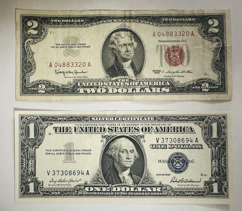 $1 Crispy Gem BU Silver Certificate & A $2 Red Seal Note From 1957 & 1963) # PM2