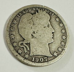 1907 D Barber Quarter 90% Silver  VG Details As Pictured # BSQ 1907-D VG