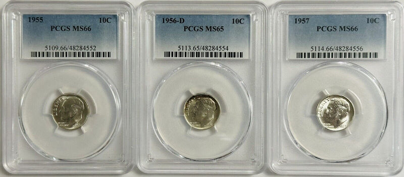 Lot Of 3 Silver Year Run (1955-57) Roosevelt Dimes (PCGS GUIDE PRICE $61) # RD 3