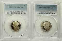Lot Of 2 Perfect PR70DCAM JEFFERSON NICKEL (1990's & 2000's) $52 Book Value #195