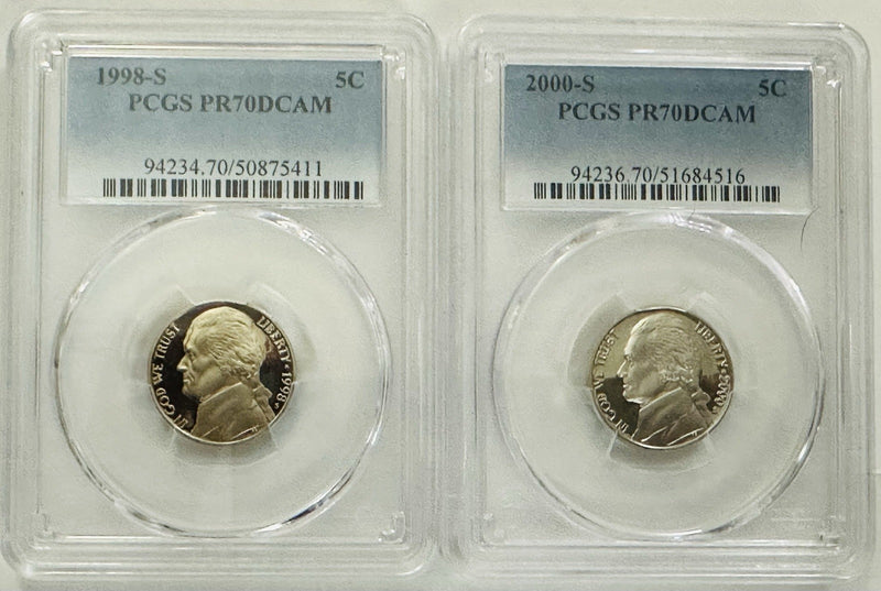 Lot Of 2 Perfect PR70DCAM JEFFERSON NICKEL (1990's & 2000's) $52 Book Value #195
