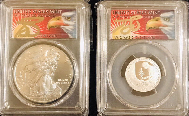 Silver eagle & quarter lot of 2 Thomas Cleveland eagle graded MS70 & PR70 #211