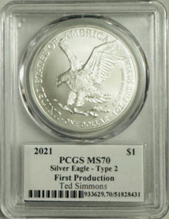 2021 SILVER EAGLES T1 & T2 PCGS MS70 1st  &LAST DAY OF PROD.  TED SIMMONS SIGNED