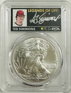 2020 American Silver Eagle 1oz PCGS MS70 FS Legends of Life Ted Simmons #OA 135