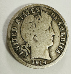 1914 D Barber Dime Very Good 90% Silver US Type Coin Collectible # BD 1914-D VG