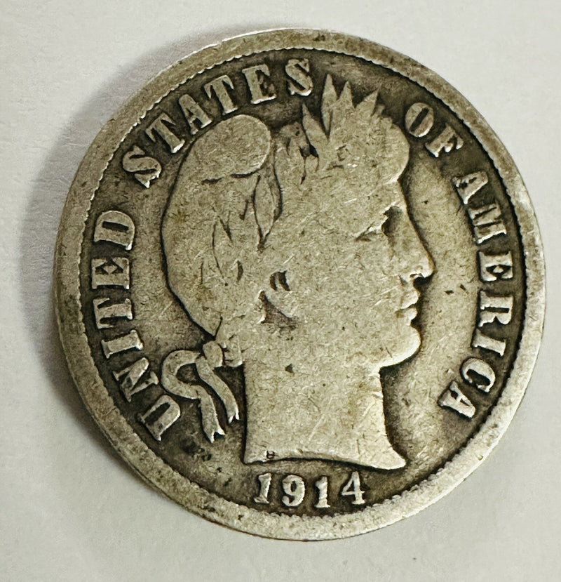1914 D Barber Dime Very Good 90% Silver US Type Coin Collectible # BD 1914-D VG