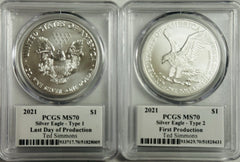 2021 SILVER EAGLES T1 & T2 PCGS MS70 1st  &LAST DAY OF PROD.  TED SIMMONS SIGNED