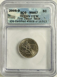 2005 D  Jefferson Nickel ICG MS-67 Ocean View First DOI ( Low Price) #OA 198