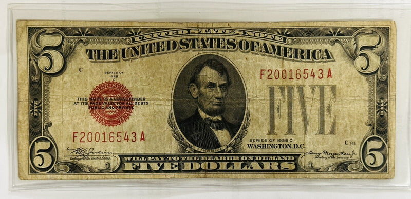 1928-C $5 Legal Tender Red Seal United States Note Avg Circulated #F20016543A