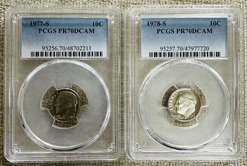 1970's Lot Of 2 Roosevelt Dimes Perfect PR70DCAM (Low Price) #77,78 PR70