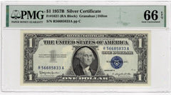 1957B $1 SILVER CRITIFATE RA BLOCK (S/N R56685833A) PMG 66 EPQ