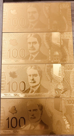 $100 (4) Canada 99.9%  24 Caret Gold Foil Polymer. Lot # Canada100