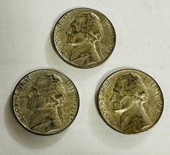 Lot Of 3, 1942-1943-P WWII Jefferson 35% Silver Jefferson Nickel  # SJN *3