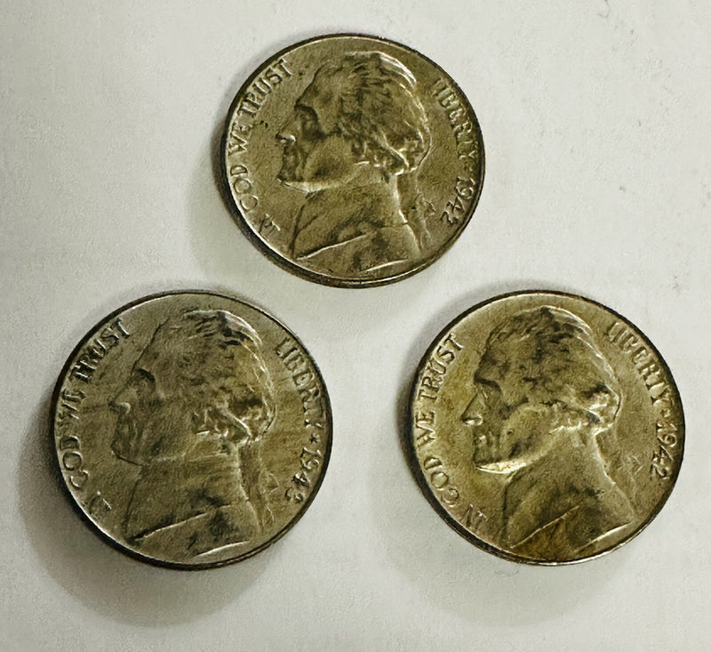 Lot Of 3, 1942-1943-P WWII Jefferson 35% Silver Jefferson Nickel  # SJN *3