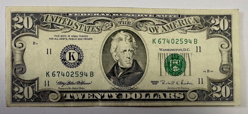 1995 $20 Crisp Federal Reserve Bank Note AU # K67402594B