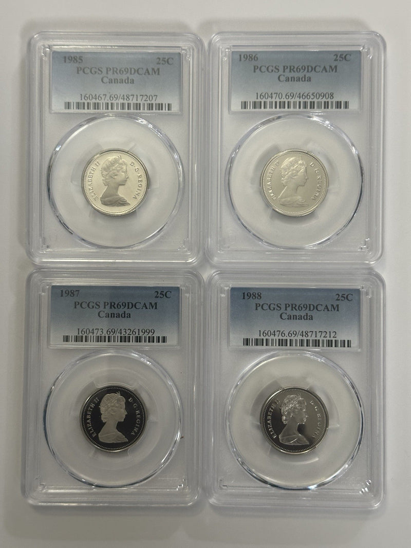 50% Off Lot Of 4 Year Run Canadian Quarters (1985-1988) PCGS PR69DCAM # OA 148