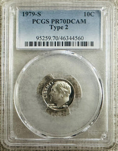WOW! Lot Of 2 PCGS PERFECT PR70DCAM 1979-S Type 1 & Type 2 Roosevelt Dimes #602