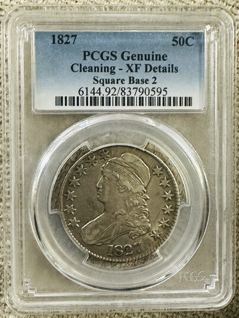 1827 Capped Bust Half Dollar 50c PCGS Genuine Cleaning XF Details Square Base 2