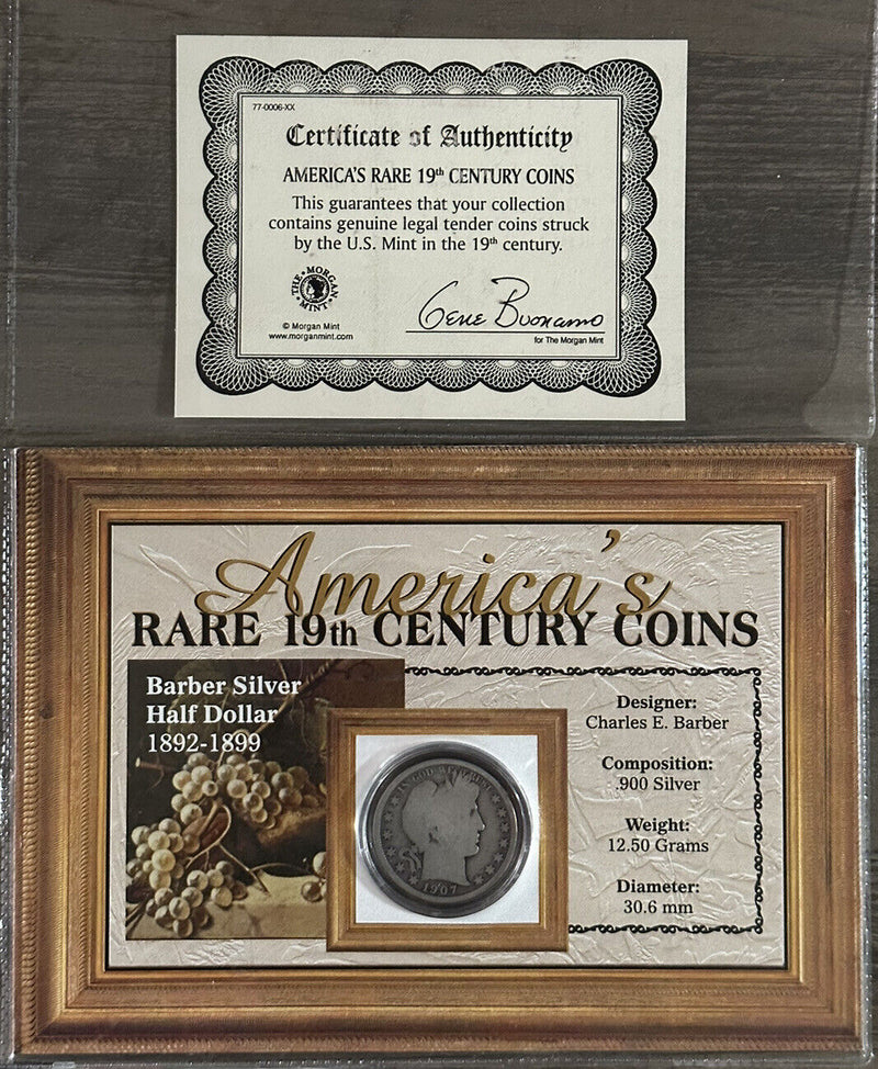1907-O Barber Half Dollar 90% Silver In A Beautiful Frame W/Certif. Of Authentic