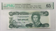 1974 $1 PMG GEM UNC 65 EPQ BAHAMAS CENTRAL BANK NOTE (lowest Price & Free Ship)