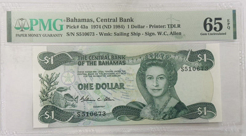 1974 $1 PMG GEM UNC 65 EPQ BAHAMAS CENTRAL BANK NOTE (lowest Price & Free Ship)