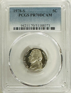 1978-S JEFFERSON NICKEL PCGS PR70DCAM (HIGHEST GRADE) Lowest Price-GUIDE $115