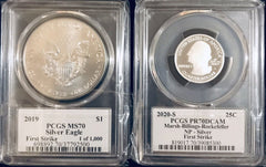 Silver eagle & quarter lot of 2 Thomas Cleveland eagle graded MS70 & PR70 #211