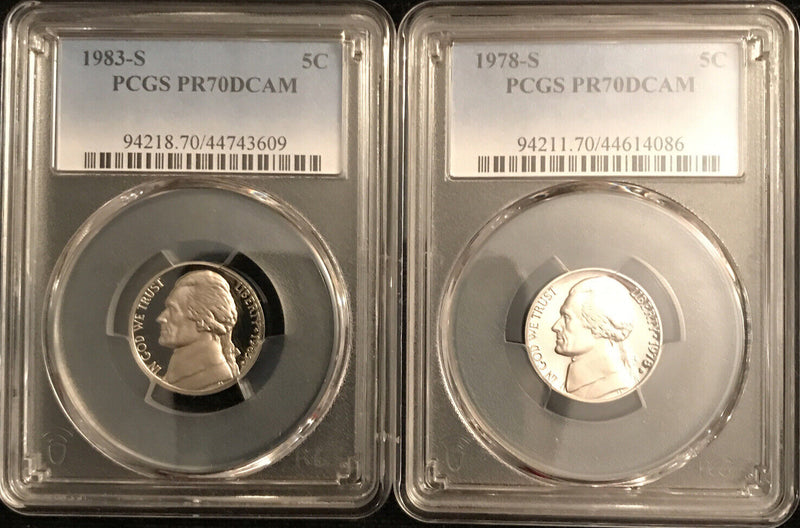 Rare Date 1978-S & 1983-S Nickel PCGS graded perfect PR70DCAM Lot#251