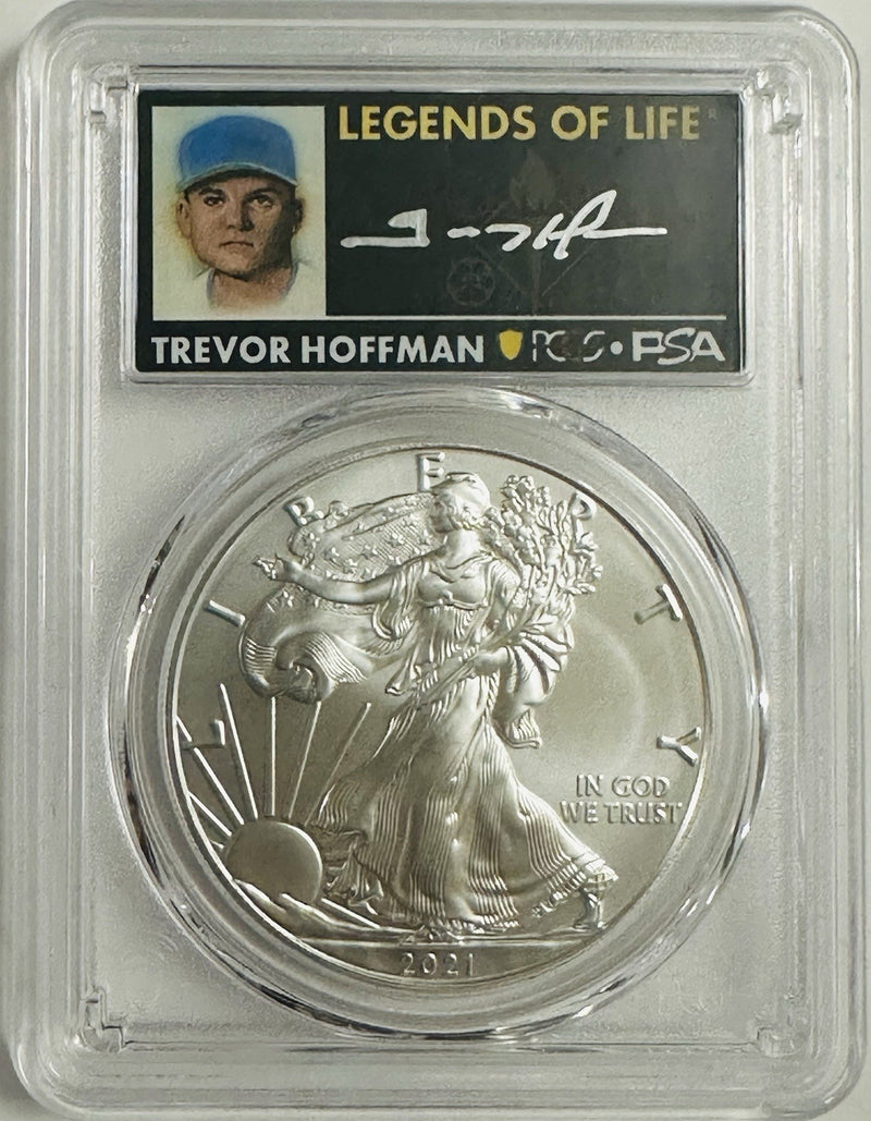 2021 SILVER EAGLE TYPE 1 PCGS MS70 LAST DAY OF PRODUCTION TREVOR HOFFMAN SIGNED 