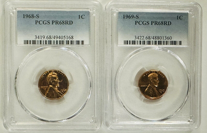 Lot Of 2 Lincoln Cents (1968 & 1969) PCGS PR68RD # LP (68,69) PR68RD