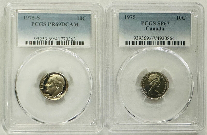 Wow! Lot Of 2 1975 ( USA & CANADA) Dimes PCGS PR69 & SP67 # OA 07 