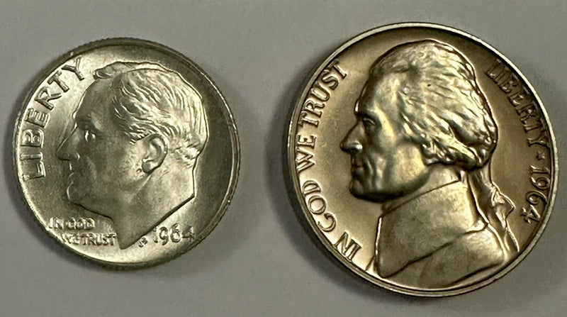 Wow! 1964 10C BU Silver Roosevelt Dime & Proof J. Nickel Lot # ND Combo BU/PR