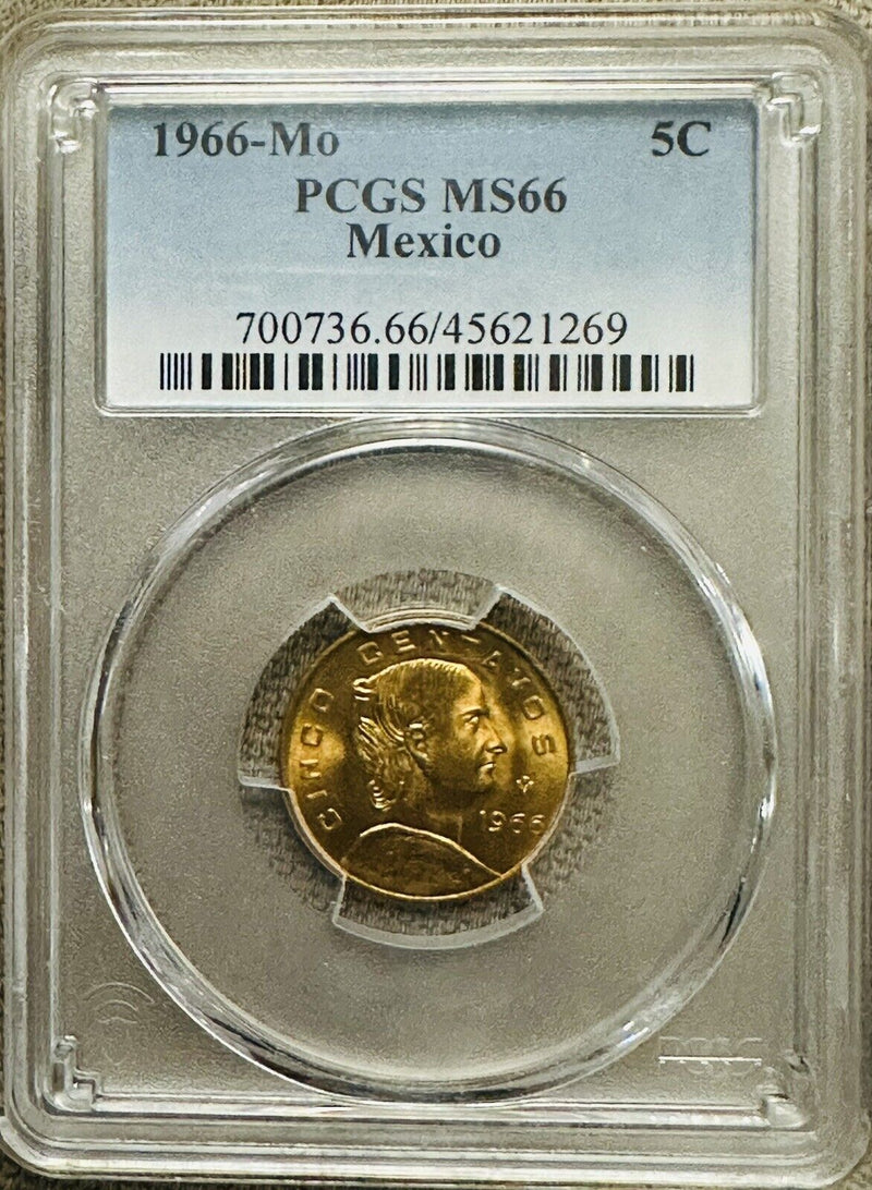 MEXICO 1966 5 CENTAVOS PCGS CERTIFIED GEM UNC. MS66(Low Price) #M5C 1966 MS66#02