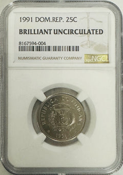 1991 Dominican Republic  Clad Steel 25 Centavos NGC BRILLIANT UNCIRCULATED #182