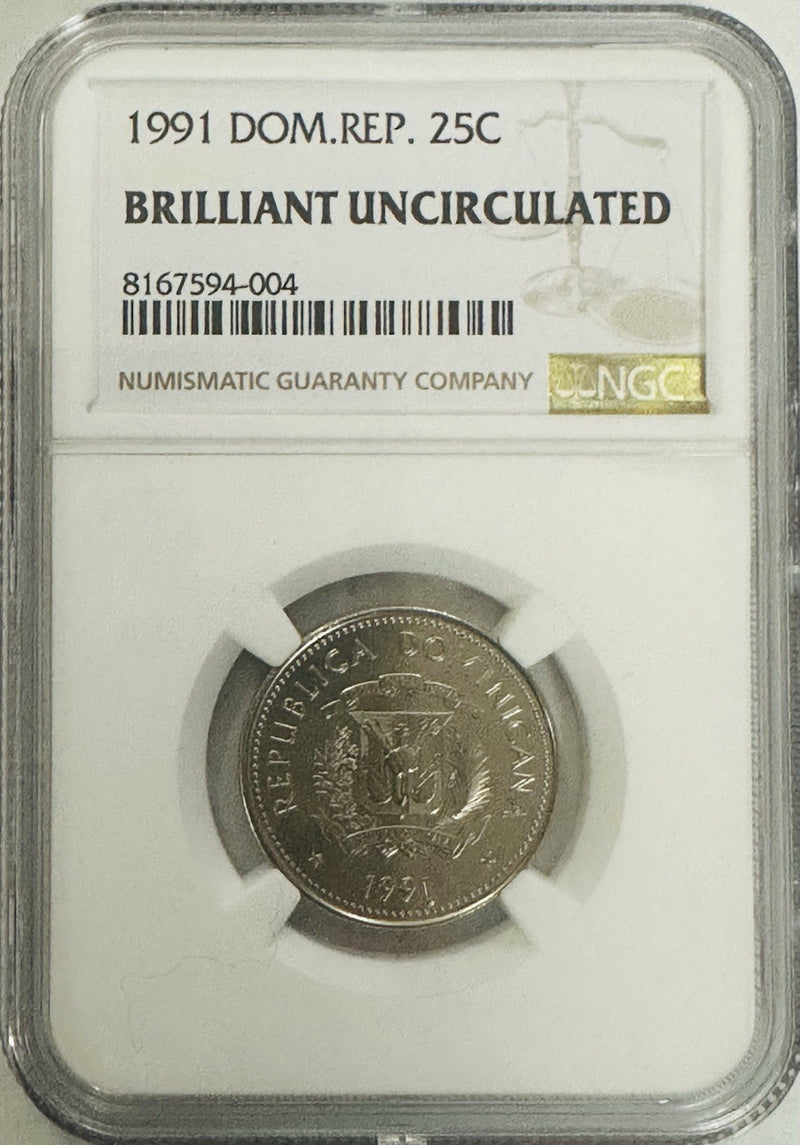 1991 Dominican Republic  Clad Steel 25 Centavos NGC BRILLIANT UNCIRCULATED #182