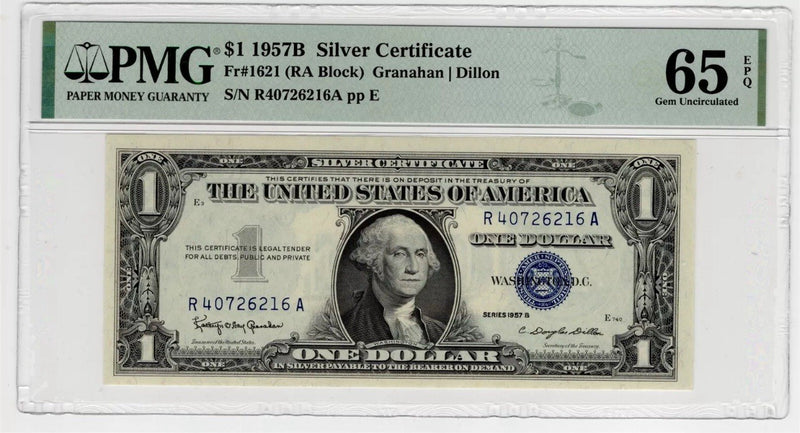 US Silver Certificate 1957B $1 NOTE Fr#1621 (RA Block) PMG 65 EPQ GEM UNC