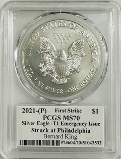 2021 (P) $1 Silver Eagle Emergency T1 PCGS MS70 FS Legends of Life Bernard King