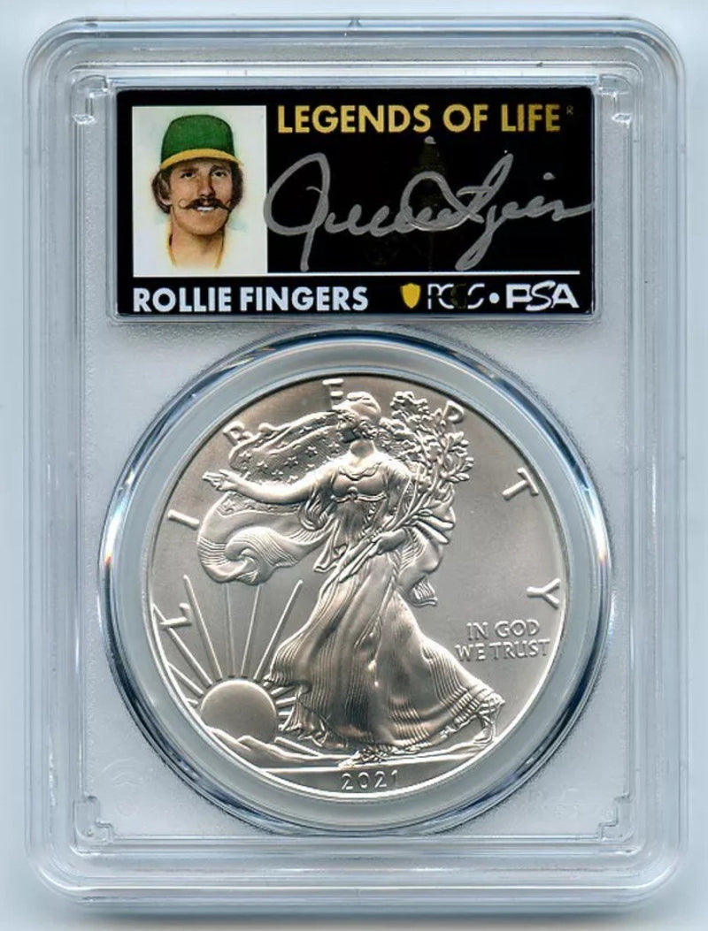 2021 (P) $1 Silver Eagle Emergency T1 PCGS MS70 Legends of Life Rollie Fingers