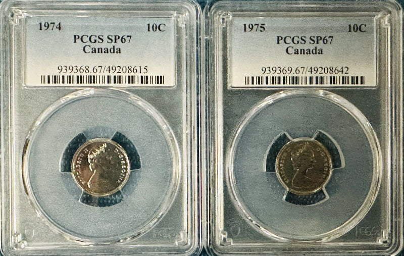 Lot Of 2 Canadian Dimes (1974 & 1975)  PCGS SP67  # Lot 4