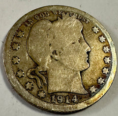 1914-P Barber Silver Quarter (VG) Very  Good Condition Toned Lot # BQ 1914-P