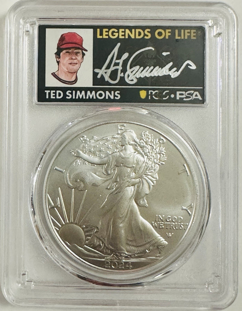 2024 American Silver Eagle 1oz PCGS MS70 FS Legends of Life Ted Simmons #OA 134