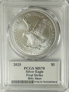 2025 $1 SILVER EAGLE PCGS MS70 FIRST STRIKE LEGENDS OF LIFE BILLY SHAW SIGNED