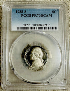1988 S Proof Jefferson Nickel PCGS PR 70 DCAM (Top Grade) Guide Price  $70 #607