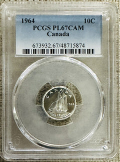 1964 Canada  Gem PL Ten Cents  Dime   PCGS PL 67 Cam # CTC 1964-PL67CAM