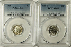 Lot Of 2 Roosevelt Dimes 1960 P &D PCGS MS66 # RD 1960 P&D MS66