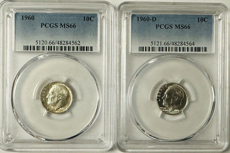 Lot Of 2 Roosevelt Dimes 1960 P &D PCGS MS66 # RD 1960 P&D MS66