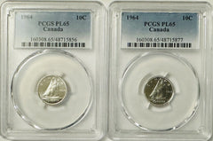 Lot Of 2 Silver 1964 Canada  Gem PL Ten Cents PCGS PL 65# CTC 1964-PL65*2