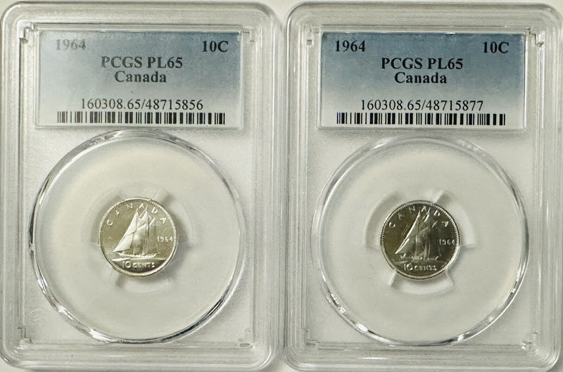 Lot Of 2 Silver 1964 Canada  Gem PL Ten Cents PCGS PL 65# CTC 1964-PL65*2